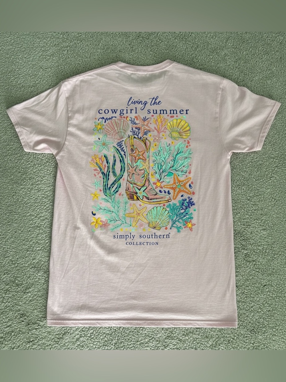 Simply Southern Soft Pink Tee with Pastel Multicolor Cowgirl Boot Graphic Size L